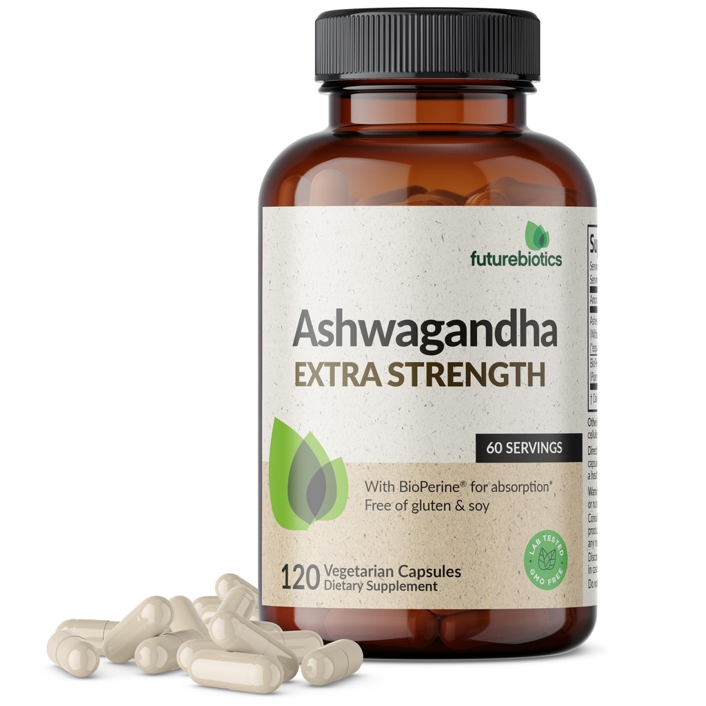 Futurebiotika Ashwagandha Ekstra styrke Stress & Mood Support med BioPerine - Ikke GMO formel, 120 Vegetariske kapsler