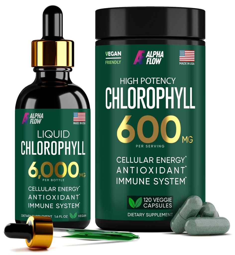 (Bundle) Flydende Chlorophyll Drops & Chlorophyll kapsler - Naturlig energi, immunstøtte, intern friskhed og antioxidant supplement