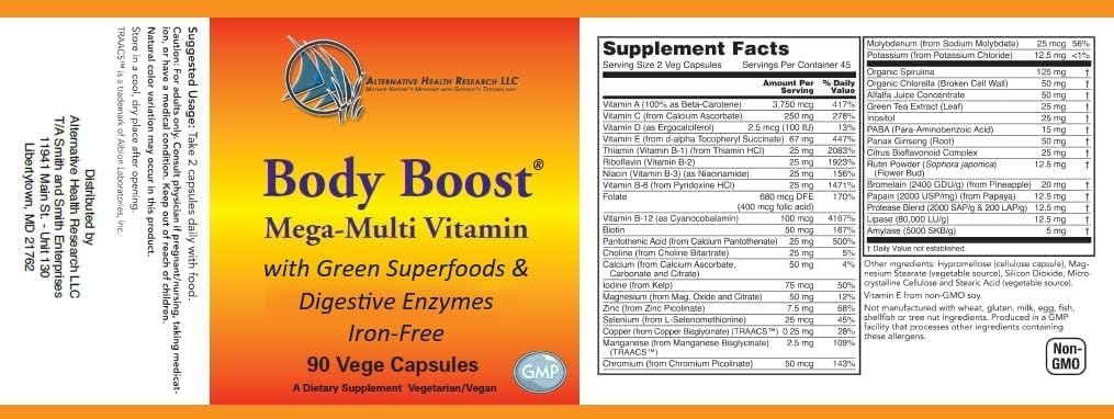 Iron- Free Mega Multivitamin og Mineral tillæg med grønne superfødevarer og fordøjelsesenzymer - Body Boost ® fra Alternativ Health Research