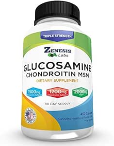 Zenesis Labs Glucosamin Sulfate + Chondroitin + MSM Kombination Joint & Cartiage Supplement 450 Kapsler (Bulk 90 Day Supply) 1500mg, 1200mg, 2000mg per servering