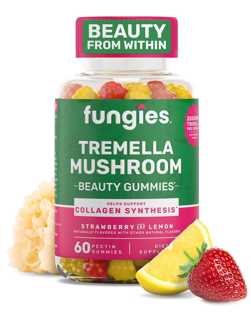 Fungies Tremella Mushroom Gummies, Blandet Jordbær & Lemon Flavor - Mushroom Herbal Supplement Gummy til voksne Understøtter Collagen Syntese, Sund Hud & Sund Aging - Skønhed Gummies 60 Servering