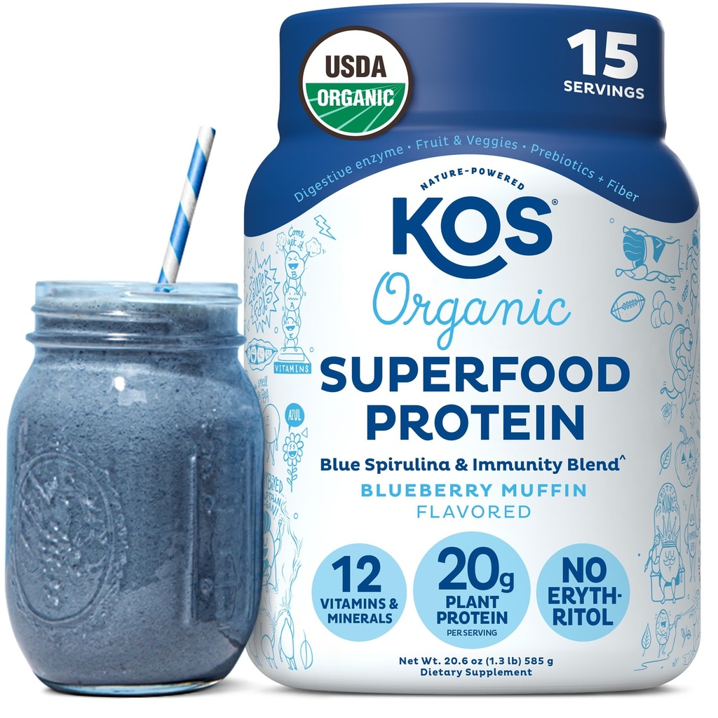 KOS Plant Protein Powder, Blåbær Muffin - Økologisk Pea Protein Superfood med Spirulina og immunstøtte Blend. Soja, Gluten, Dairy Free - Vegansk Måltid erstatning for kvinder & mænd - 15 Servering