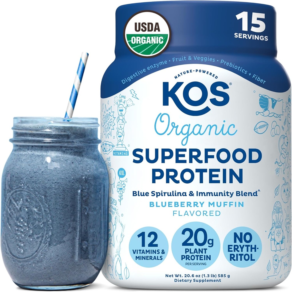 KOS Plant Protein Powder, Blåbær Muffin - Økologisk Pea Protein Superfood med Spirulina og immunstøtte Blend. Soja, Gluten, Dairy Free - Vegansk Måltid erstatning for kvinder & mænd - 15 Servering