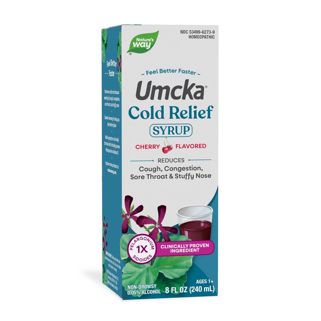 Nature 's Way Cold Relief Syrup, Umcka, Shortens Varighed & Reducerer Severity, Multi- symptom Cold Relief, Homøopatisk, Phenylephrine Gratis, Non- Drowsy, Cherry Flavored, 8 Fl Oz (Packaging May Vary)