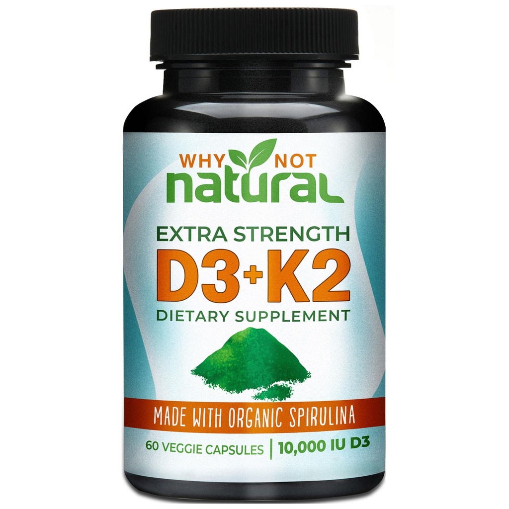 Hvorfor ikke naturligt D3 K2-vitamin (MK- 7) med Organic Spirulina, 10000 IE ekstra styrke supplement i Veggie kapsler, understøtter ben sundhed, immunsystem og mad