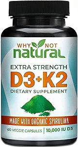 Why Not Natural Vitamin D3 K2 (MK-7) with Organic Spirulina, 10000 IU Extra Strength Supplement in Veggie Capsules, Supports Bone Health, Immune System and Mood