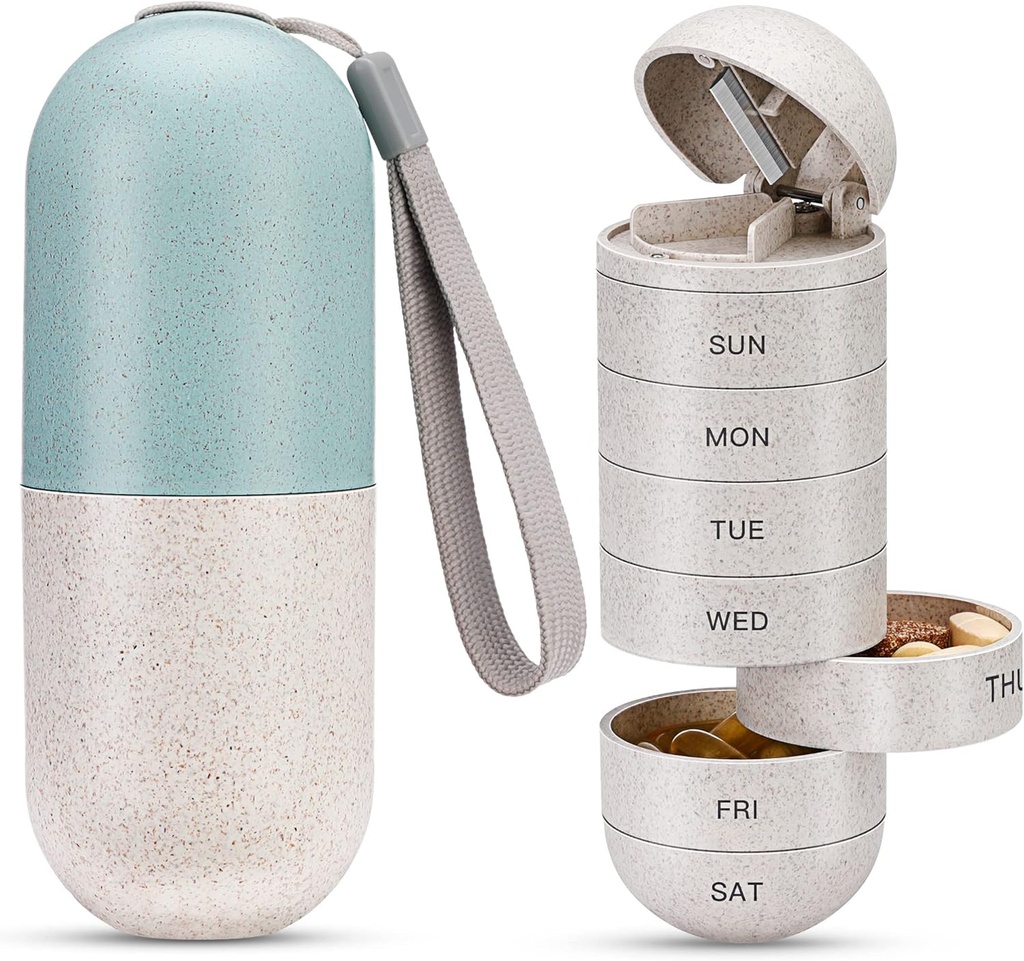 Zannaki 2 i 1 Pill Organizer med Cutter, Grain Fiber Weekly Pill Case Stor kompartment Fugt Bevis, Magnetisk Lock, BPA Free Travel Vandring Pill Box 7 Dag til at holde piller, Vitaminer, Fiskeolie, Kosttilskud