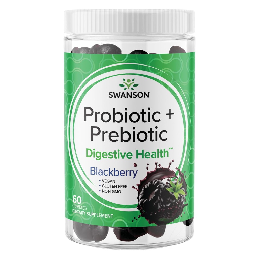 Swanson Probiotic + Prebiotic Gummies - Digital support supplement til fremme af fordøjelsesfunktion & tarmregulering - Hjælper til at understøtte immunsundhed - (BlackBerry, 60 Gummies)