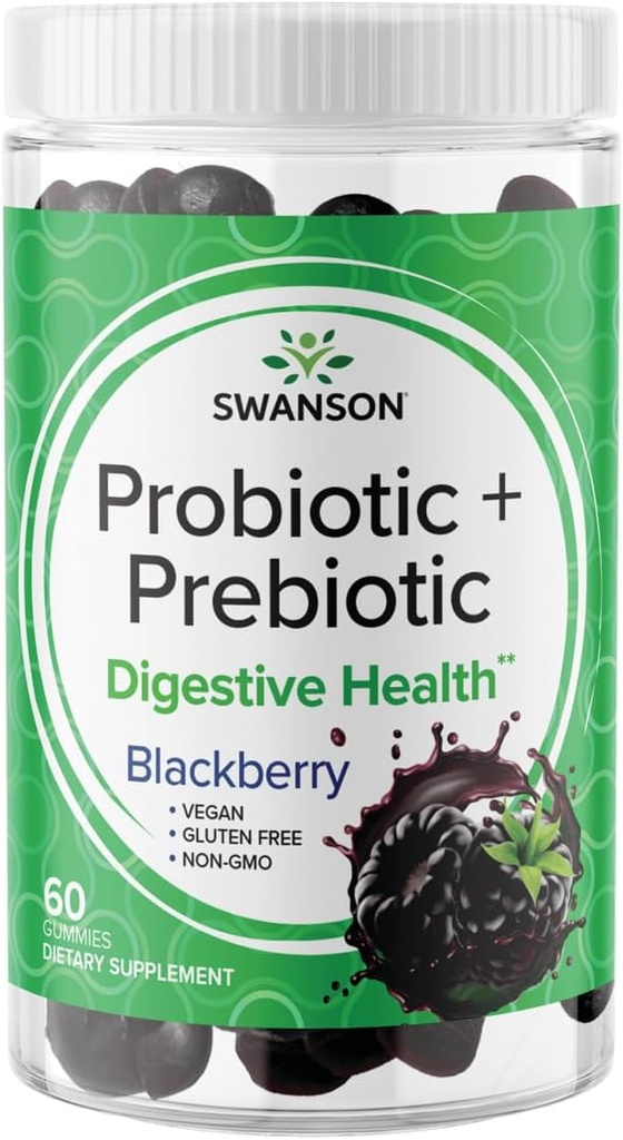 Swanson Probiotic + Prebiotic Gummies - Digital support supplement til fremme af fordøjelsesfunktion & tarmregulering - Hjælper til at understøtte immunsundhed - (BlackBerry, 60 Gummies)