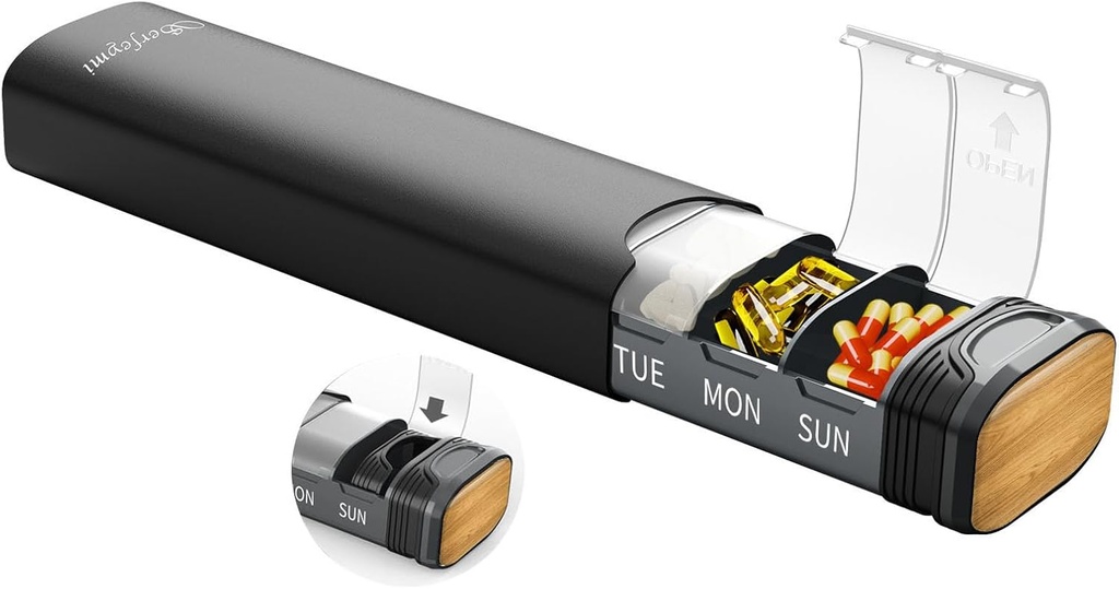 Metal Weekly Pill Organizer, Serfeymi Aluminum Daily Pill Box (Reservepakning forudsat), 7 dages Pill Case Travel Medicine Organizer, Pill Containers med individuelle låg til vitaminer, piller, tillæg-Black