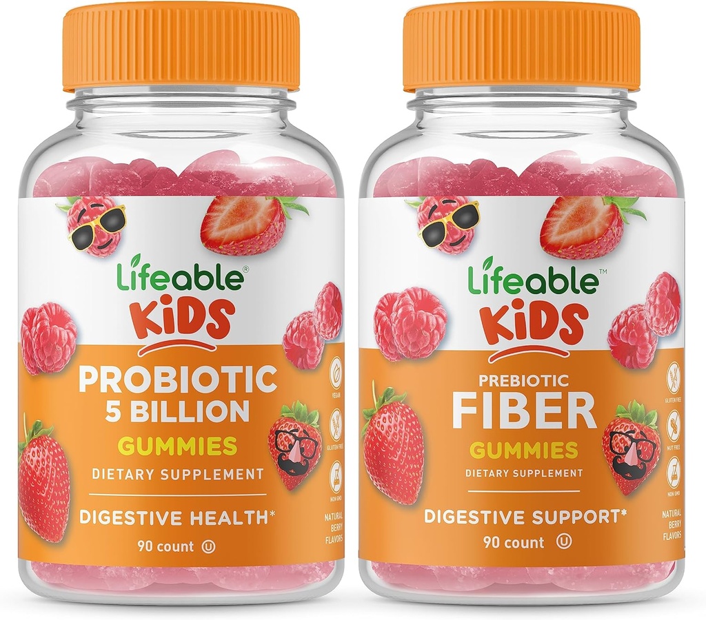 Livbare Probiotika 5 Millioner Kids + Prebiotic Fiber Kids, Gummies Bundle - Great Tasting, Vitamin Supplement, Gluten Free, GMO fri, Chewable Gummy