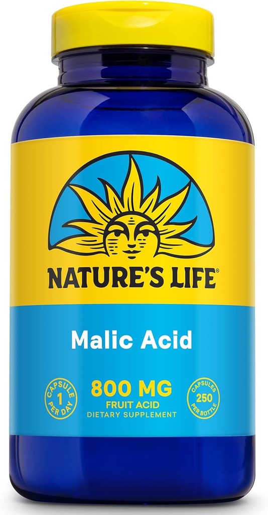 Nature 's Life Malic Acid Supplement 800 mg - Sund muskelfunktion og cellulær energistøtte - Dietary Fruit Acid - 60- dag penge tilbage garanti, Lab Verified - 250 Servere, 250 kapsler