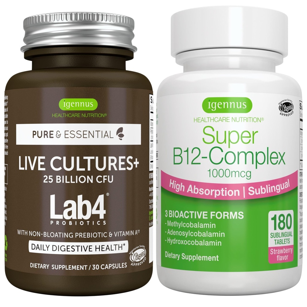 Levende kulturer + Lab4 Probiotika + Super B12- Complex, Vegan Bundle, 25 milliarder CFU Lactobacillus Acidophilus og Bifidobacterium + høj Absorption Sublingual B12, af Igennus