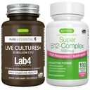 Live Cultures+ Lab4 Probiotics + Super B12-Complex, Vegan Bundle, 25 Billion CFU Lactobacillus Acidophilus and Bifidobacterium + High Absorption Sublingual B12, by Igennus