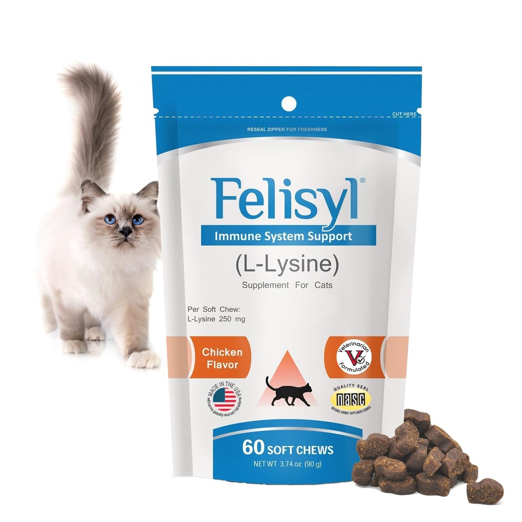 Felisylimmunsystem Støtte til katte - Aminosyre L- Lysin - Produce Antibodies - Sunde væv, Luftveje, Sundhed, Vision - 60 Soft Chews