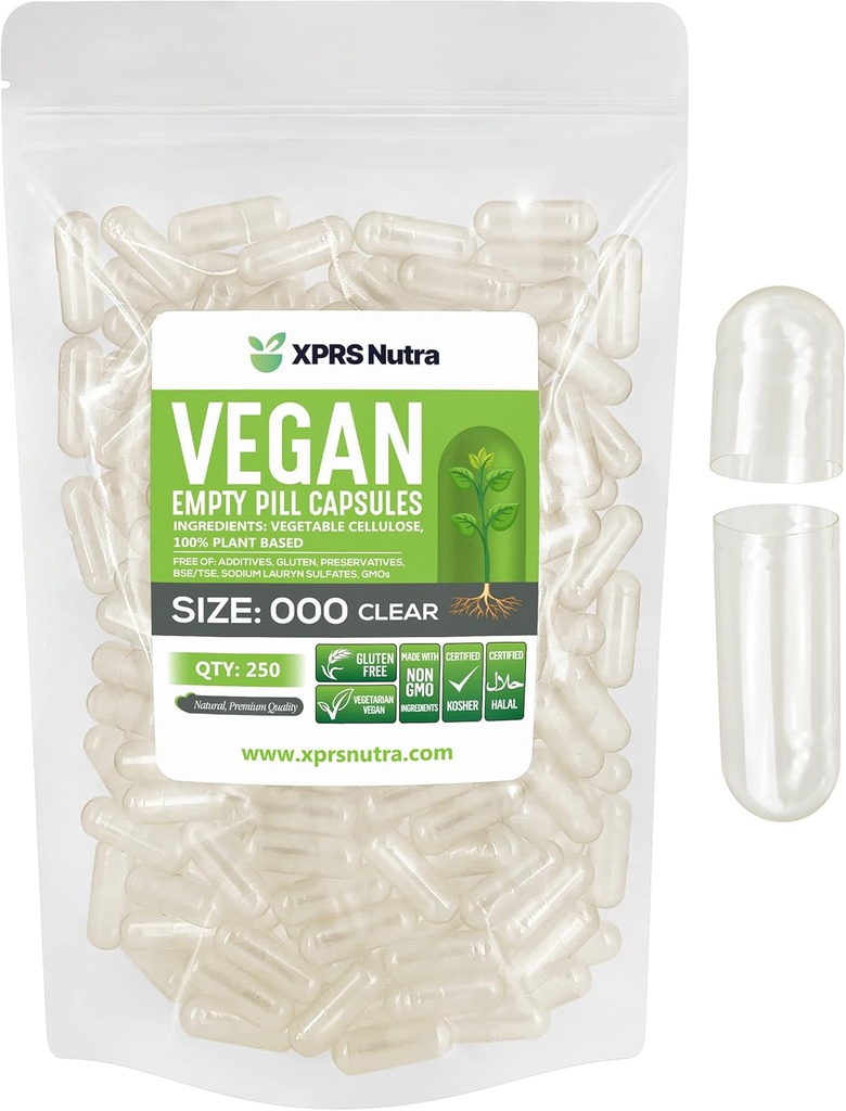 XPRS Nutra Vegansk Størrelse 000 Tomme kapsler - 250 Grev Tomme Veganske kapsler - Vegetarisk Pill - DIY vegetabilsk Kapsel Fyldning - Veggie Pill Caps piller