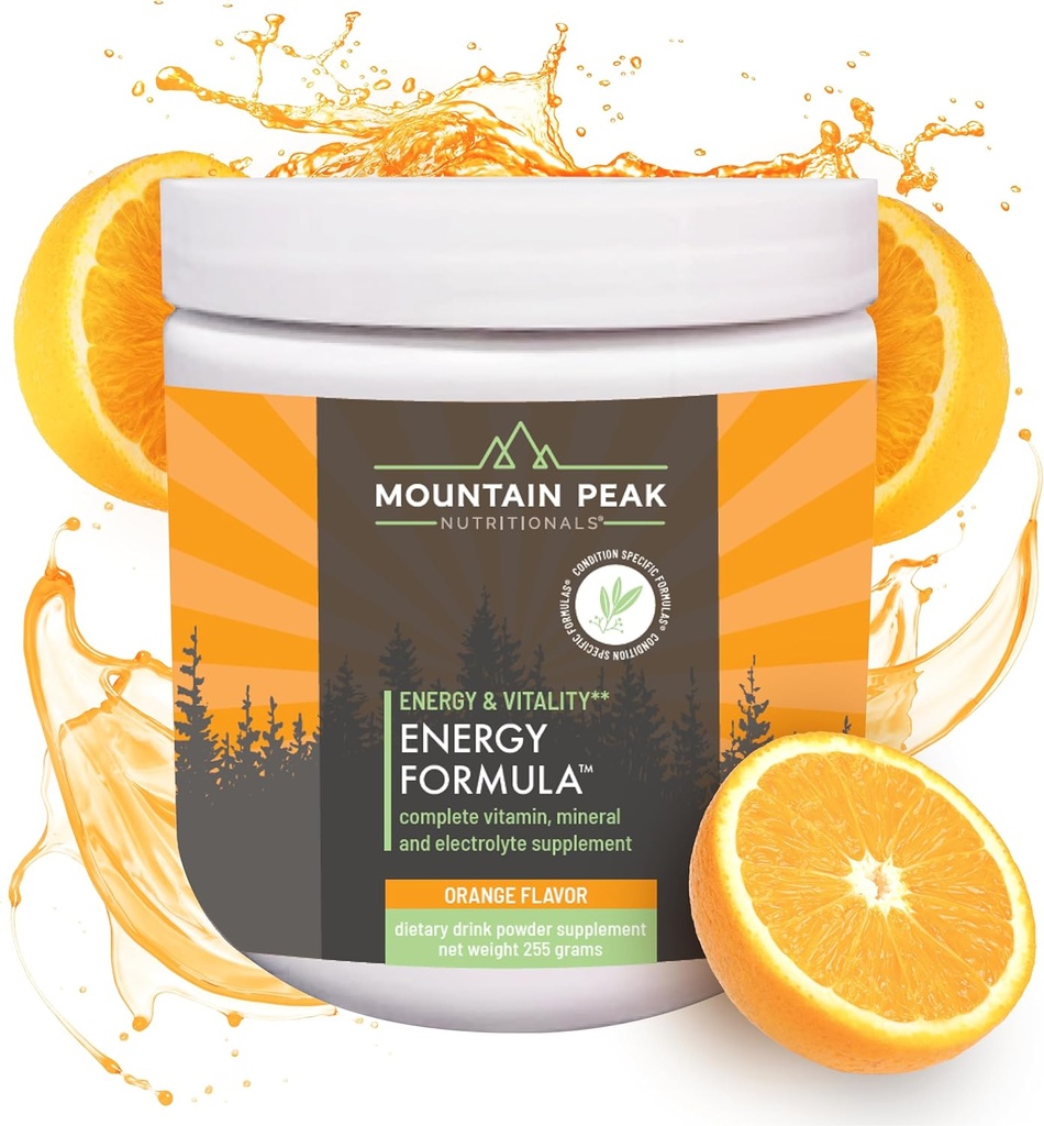 Mountain Peak Nutritionals Energy Formel - Alt i én Multi- Mineral Powder - Komplet ernæring, Vitamin, Mineral, og Electrolyte supplement til mænd og kvinder - Orange Flavor (255g, 30 Servering)