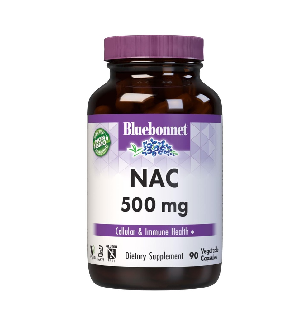 Bluebonnet NAC Supplement N- Acetyl- L- Cysteine 500 mg - Antioxidant Cellular Health & immun Support - Free- Form Aminosyre til kvinder & mænd - Non- GMO, Kosher, Gluten- fri - 90 Vegetabilske kapsler