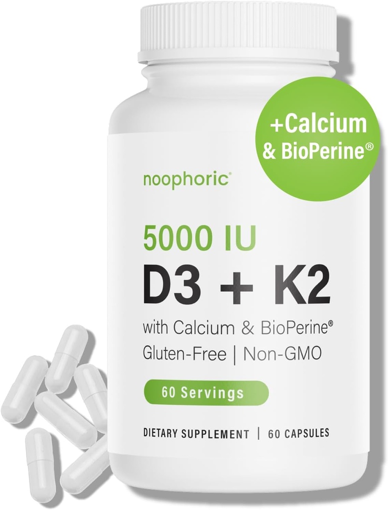 Noophonic D3 K2 vitamin 5000 IE - vitamin K2 100 mcg MK7, Calcium, BioPerine - ben sundhed & immunforsvar supplement - Gluten- Free, Non- GMO - vitamin D3 K2 supplement (60 Servere)