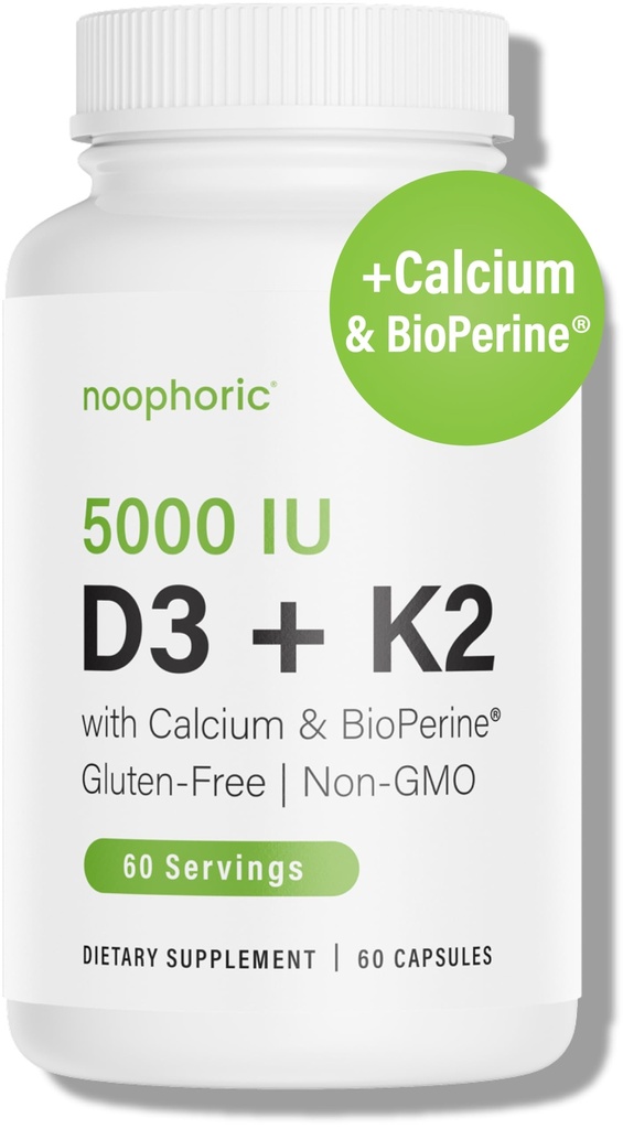 Noophonic D3 K2 vitamin 5000 IE - vitamin K2 100 mcg MK7, Calcium, BioPerine - ben sundhed & immunforsvar supplement - Gluten- Free, Non- GMO - vitamin D3 K2 supplement (60 Servere)