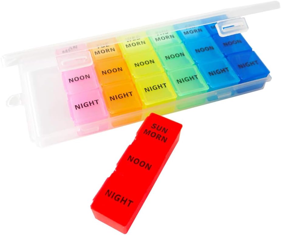 Ugentlig Pill Organizer, 3 gange om dagen, 7-dag Pill Box, Bærbar rejse reception Pill Case Dispenser, Vitamin Fish Oil Compartments Container, Daglig Calcium DHA supplement Holder Reminder