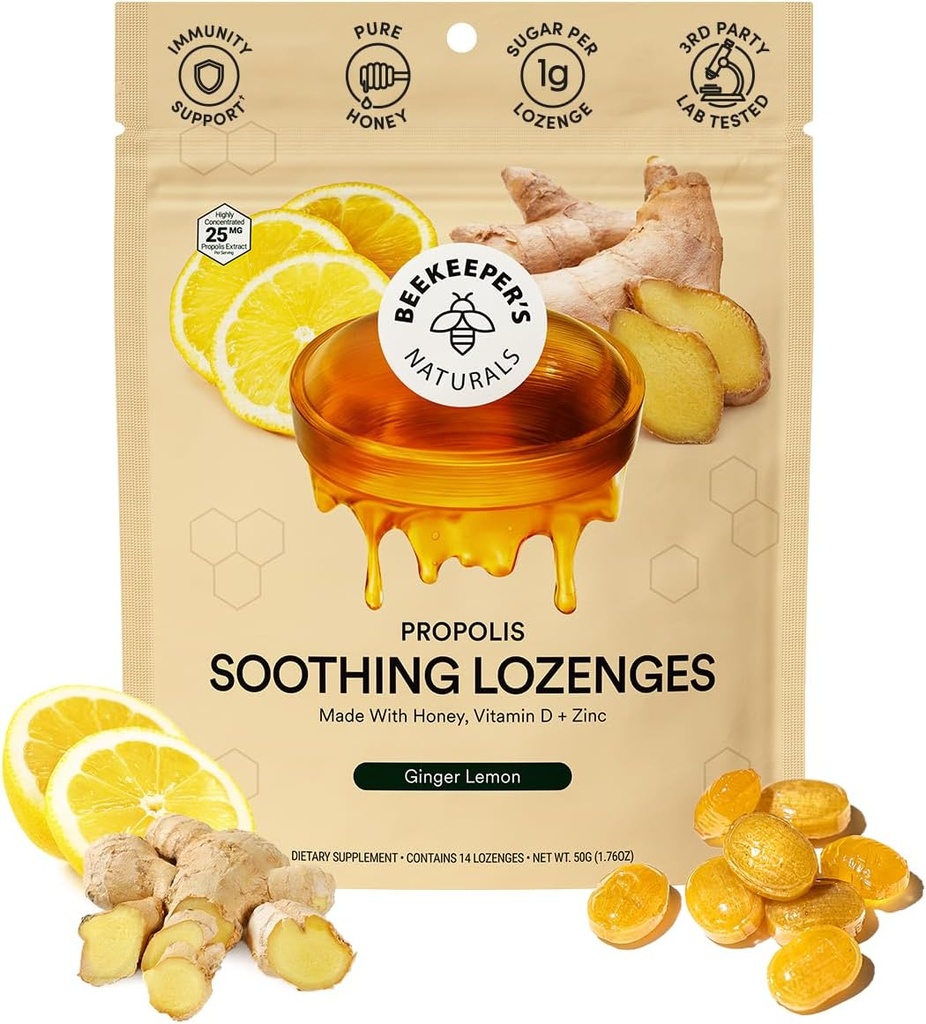 Biavlerens Naturals Soothing Honey Ginger Lemon Hough Drops - Immunstøtte med D-vitamin, Zink og Propolis Throat Soothing Lozenges, 14 Ct