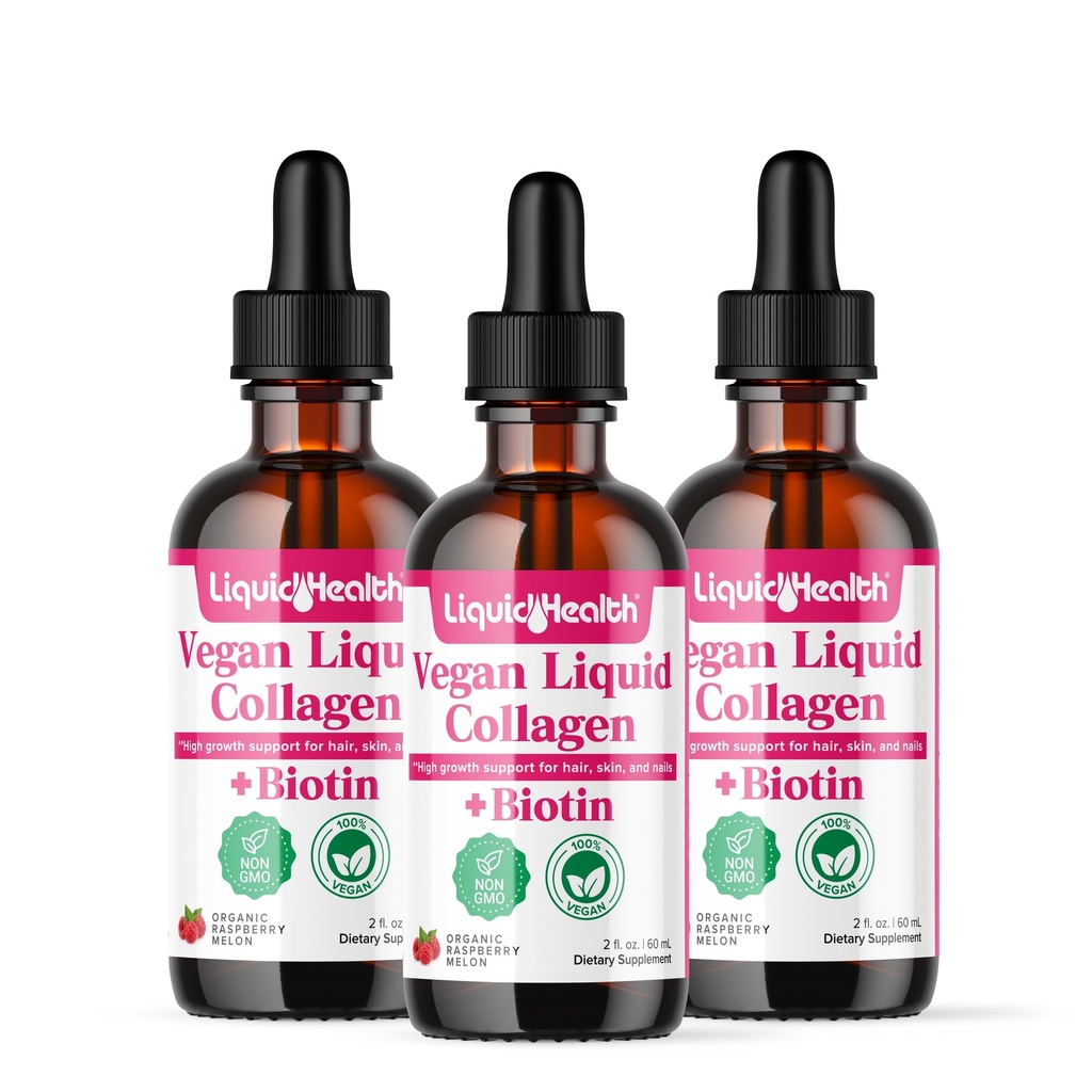 LIQUIDHealth 100% Vegansk Collagen Plus Biotin 100,000mcg Flydende Drops - Plantbaseret flydende Collagen for kvinder & mænd - Hår & negle vækst, hudsundhed, øger Metabolisme - Made in USA, Non- GMO (3 Pack)