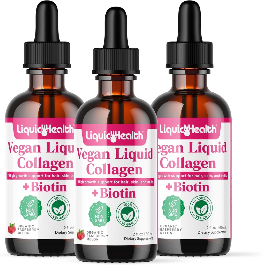 LIQUIDHealth 100% Vegansk Collagen Plus Biotin 100,000mcg Flydende Drops - Plantbaseret flydende Collagen for kvinder & mænd - Hår & negle vækst, hudsundhed, øger Metabolisme - Made in USA, Non- GMO (3 Pack)