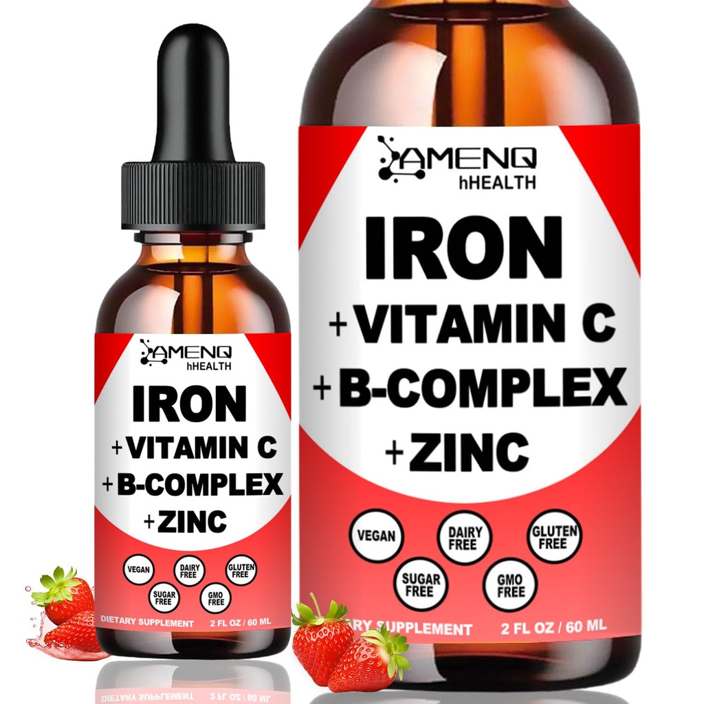 Flydende jerntilskud w / C-vitamin, A, B- kompleks, Vegansk jerndråber med høj potens Flydende Vitamin & Jerntilskud til kvinder, mænd & børn - Support Red Blood Cell, Energy, Anæmi & Træthed