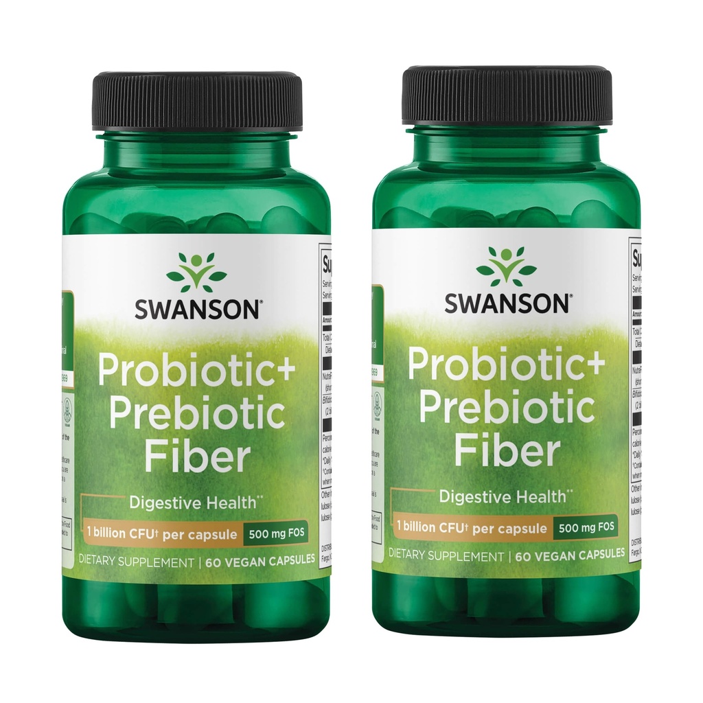 Swanson Prebiotic + Probiotic Fiber - Natural Supplement fremme fordøjelsessystemet og immunforsvar - Aids Regularity & GI Tract Health - (60 kapsler, 500 millioner CFU hver) (2 pakke)