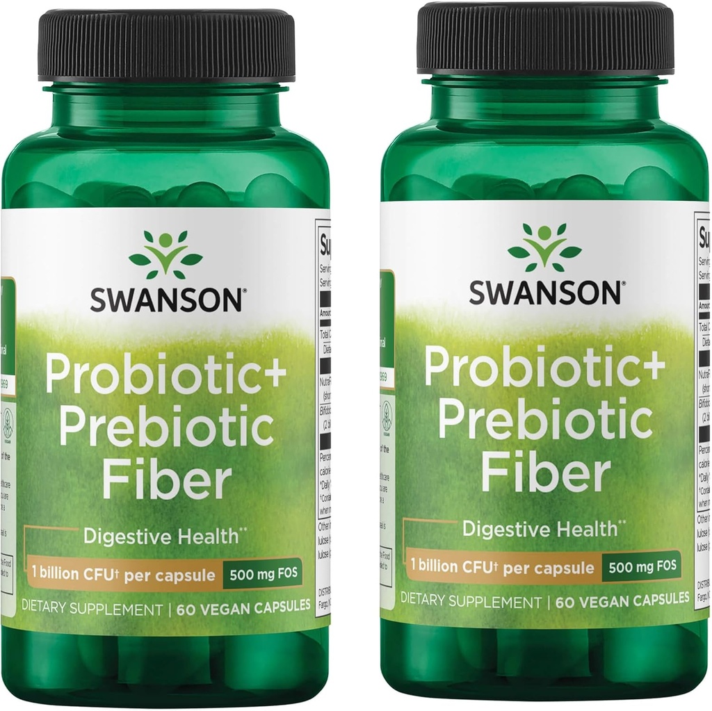 Swanson Prebiotic + Probiotic Fiber - Natural Supplement fremme fordøjelsessystemet og immunforsvar - Aids Regularity & GI Tract Health - (60 kapsler, 500 millioner CFU hver) (2 pakke)