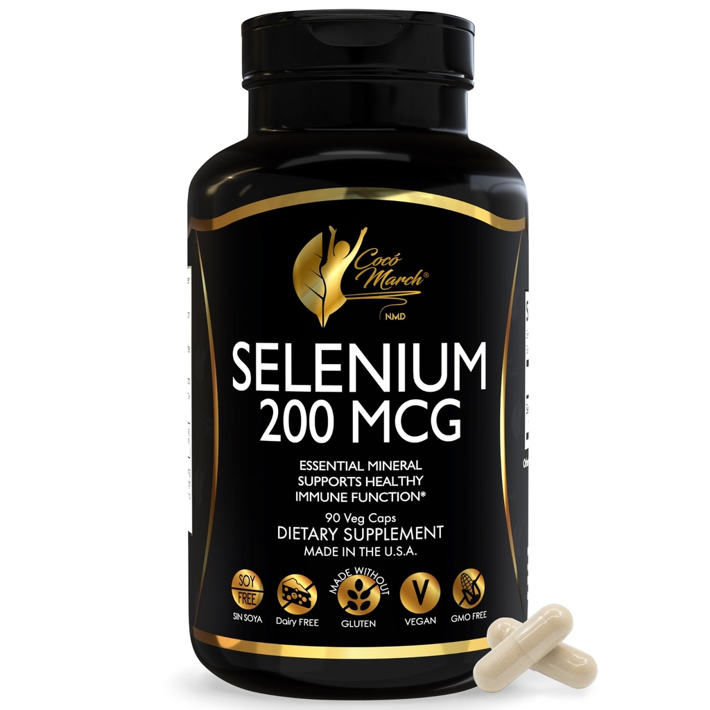 Cocó Marts N.M.D Selenium - Essential Mineral for Thyroid Health -200 mcg- 3 Måned Supply -Gluten Free, Soy Free, Dairy Free, GMO Free, Vegan - 60 Kapsler