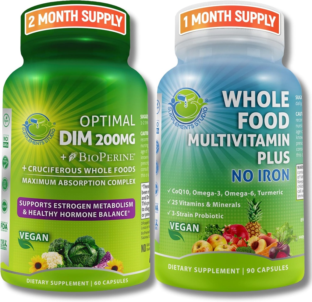 Vegansk Multisystem Support med CoQ10, Omega-3, Probiotika & Gurkemeje - Optimal DIM 200mg med BioPerine & Cruciferous Grøntsager & Hele fødevarer Multivitamin Plus (ingen jern) til mænd og kvinder - Ren etiket