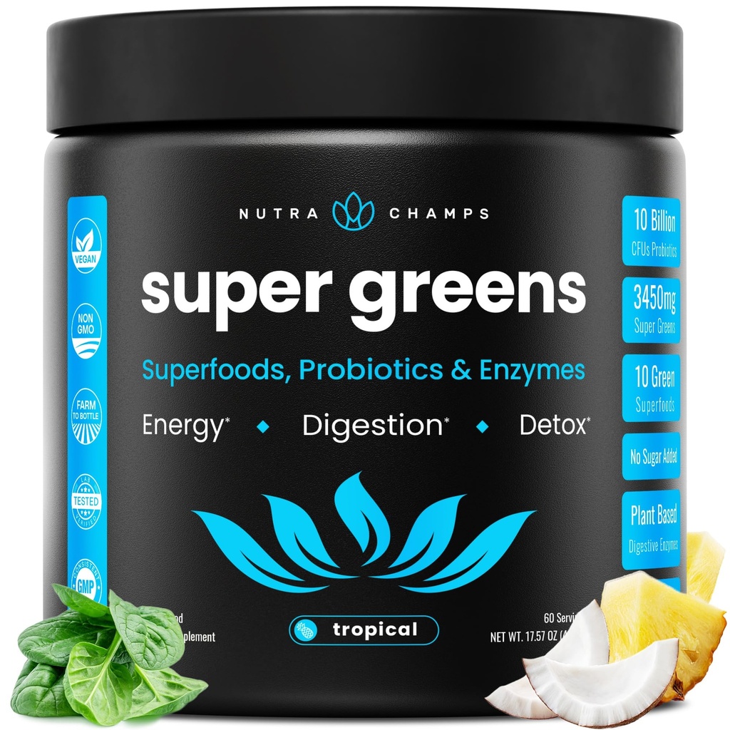 NutraChamps Super Green Powder Premium Superfood Memory 124; 20 + Organic Green Veggie Whole Foods 124; Hvedegræs, Spirulina, Chlorella Memory 124; Antioxidant, fordøjelsesmiddel Enzyme & Probiotiske blandinger (9.1 OZ, Tropisk)
