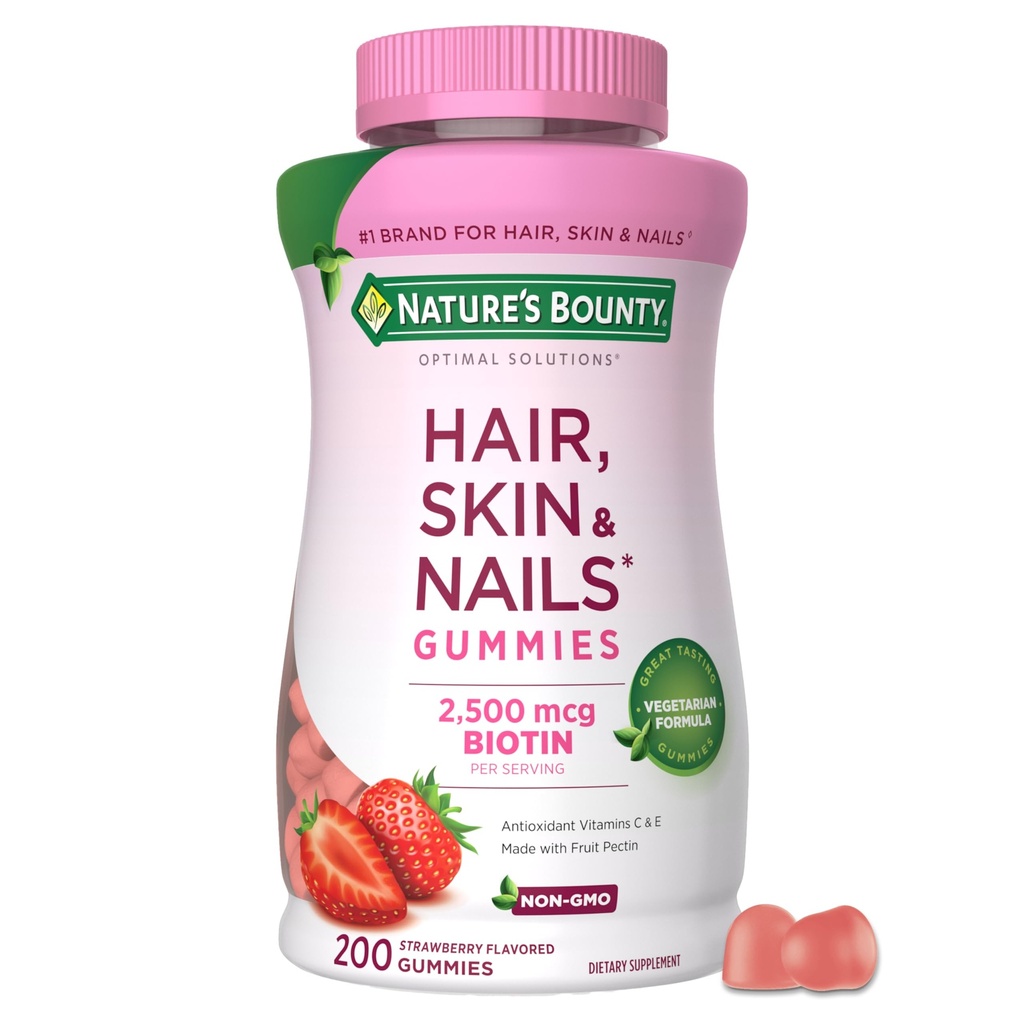Naturens Bounty Optimal Solutions Hår, Hud og negle Pektin Gummies, 2500 mcg biotin Per Servering, Ingen Stick Gummy, Vegetarisk Formel, Jordbær Flavor, 200 tæller, 100 Total Servering