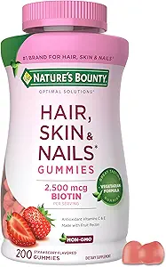 Naturens Bounty Optimal Solutions Hår, Hud og negle Pektin Gummies, 2500 mcg biotin Per Servering, Ingen Stick Gummy, Vegetarisk Formel, Jordbær Flavor, 200 tæller, 100 Total Servering