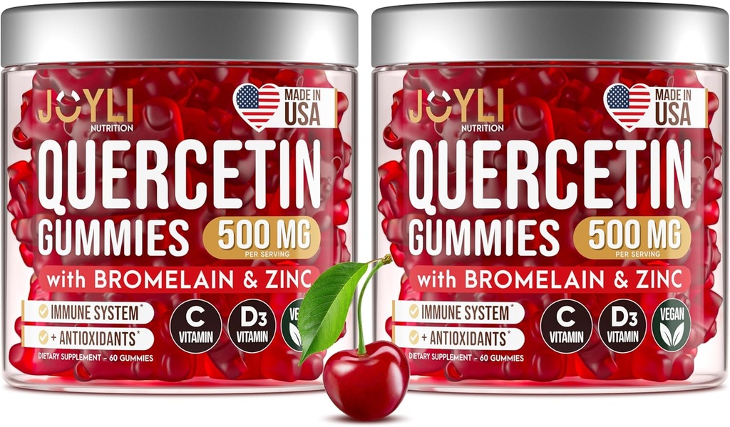 2 Pack - JOYLI Quercetin Gummies med Bromelain, Zink, C-vitamin & D3 - Sugar- Free Quercetin Supplement for immunforsvar & sæsonbetinget Wellness - 500 mg Quercetin til børn og voksne - 60 Gummies per pakning