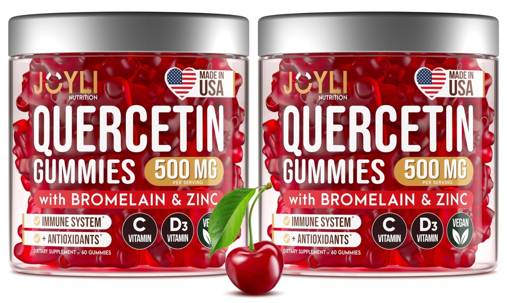 2 Pack - JOYLI Quercetin Gummies med Bromelain, Zink, C-vitamin & D3 - Sugar- Free Quercetin Supplement for immunforsvar & sæsonbetinget Wellness - 500 mg Quercetin til børn og voksne - 60 Gummies per pakning