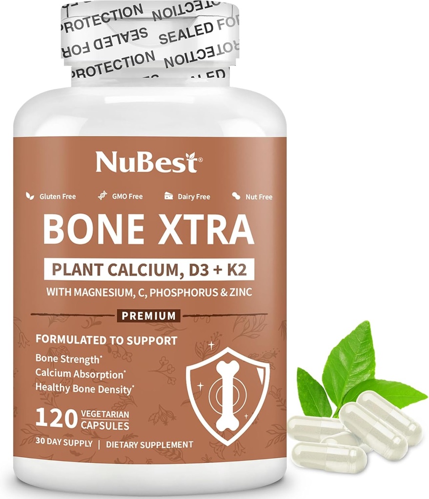 NuBest Bone Xtra Plant- Based Bone Strength Formel med calcium, Magnesium fra Marine Algae, Phosphorus, C-vitamin, K2, D3 Budd124; Immunitet & Maximum Calcium Absorbate 124; 1 Måned Supply