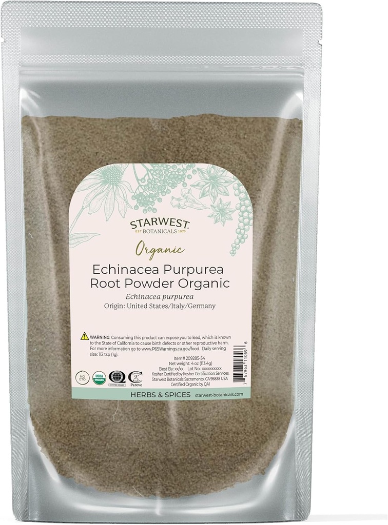 Starwest Botanicals Tørret Echinacea Purpurea Root Powder Organic - Loose Herb for Tea, Tinctures, & Natural Herbal Blends, Pure Purple Coneflower, Certified Kosher, Non- GMO - 4 oz Pouch