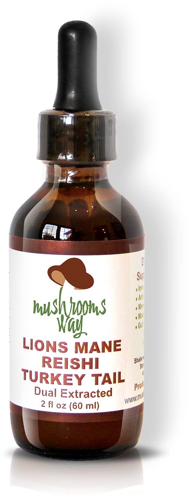 Lions Mane - Reishi - Tyrkiet Tail - Mushroom supplement til immunsystemet support - Dual Extract for Best Benefit - Hjerne Sundhed, Gut Sundhed, Heart Health - Non- GMO, Gluten Free, Vegan - 2 Fl Oz