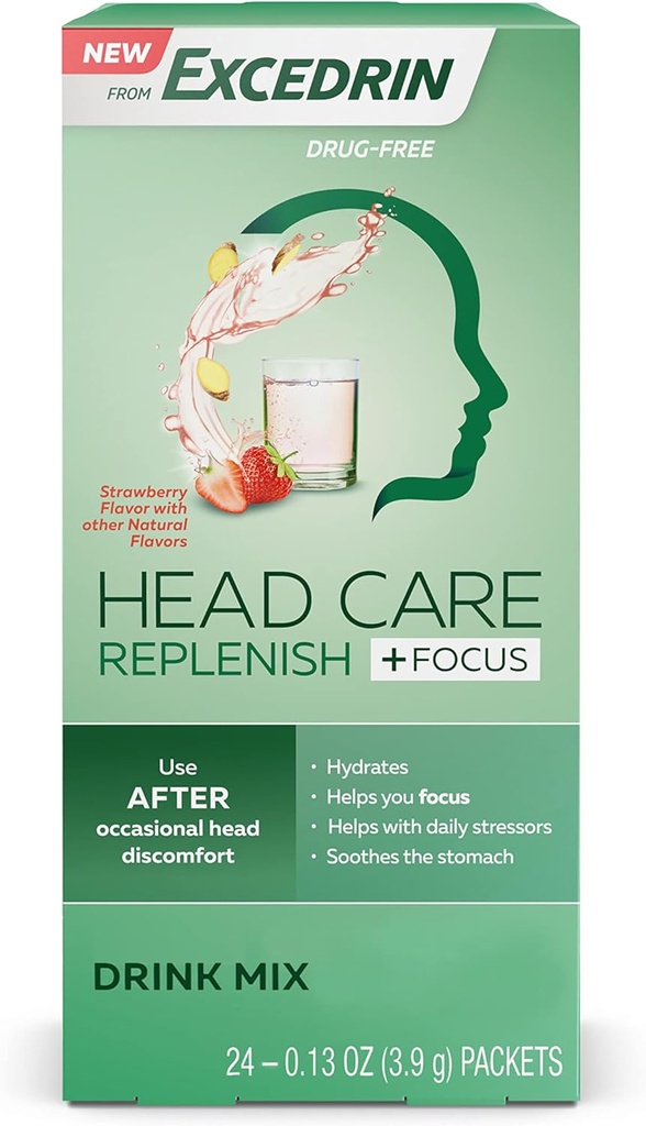 Extradrin Head Care Replenish Plus Fokus fra Extradrin Drink Mix med Electrolytes, L-Theanin, Ingefær og Koffein til Head Health Support - 24 Pakker