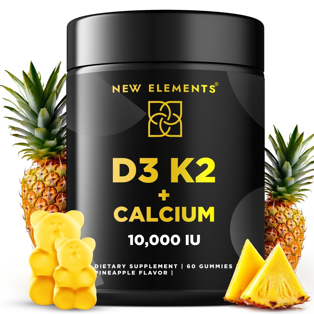 Vitamin D3 K2 Gummies 10000 IE med Calcium 100mg - VIT D3 til voksne - Mk7 Vitamin K2 100mcg - Vitamin D supplement til mænd og kvinder - Vegan Gluten Free Non- GMO