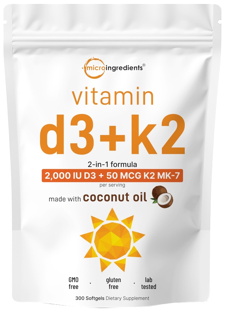 Micro Ingredients Vitamin D3 2.000 IE + K2 MK- 7 50 mcg, 300 Softgels ekskl. 124; Virgin Kokosolie = 124; 21- support = 124; Let at synke, Non- GMO