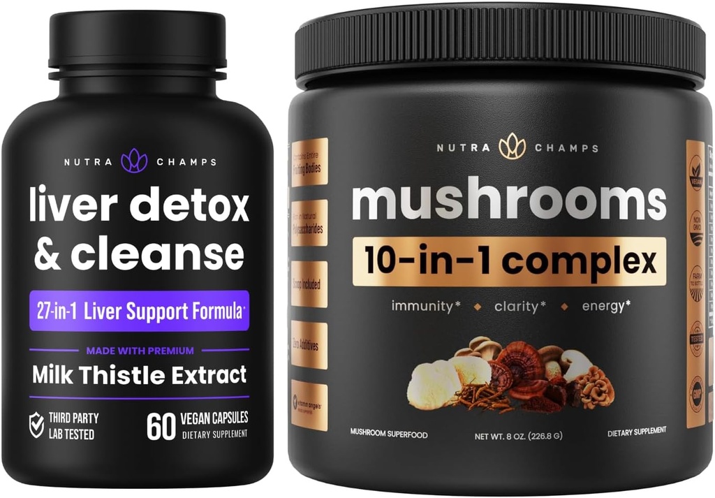 NutraChamps Lever Detox & Mushroom Powder - Kognition, Detox & Immunity Bundle