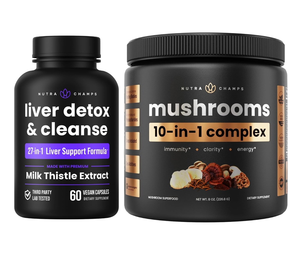 NutraChamps Lever Detox & Mushroom Powder - Kognition, Detox & Immunity Bundle