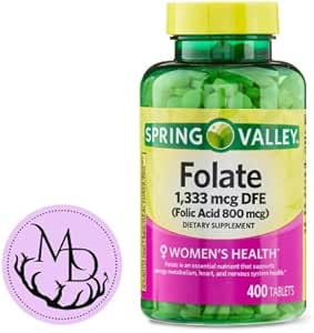 Generisk Spring Valley Folate 1,333 mcg DFE, Folinsyre 800 mcg, 400 tabletter - Kosttilskud, kvinders sundhed Boost, Metabolisme & Heart Support - Bundle med + Sticker Dri Store