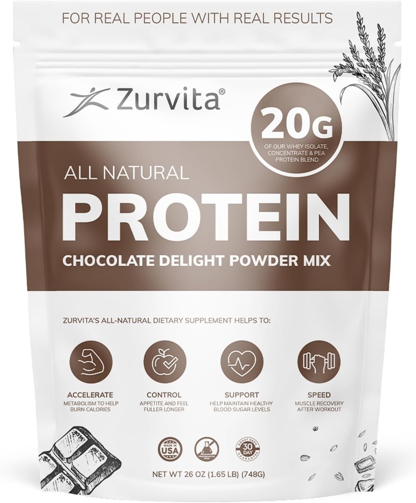 Zurvita - Chokolade Delight Protein Powder - 20g Protein, Probiotika, 24 + Vitamin og mineraler - Ingen kunstige sødestoffer - 26oz (20 Servere)