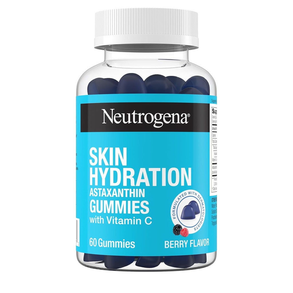 Neutrogena Hud Hydration Astaxanthin Gummies med C-vitamin, Skincare Kosttilskud til Hydrated, Glat & Sund Hud, Daglige Antioxidant Gummies til Hud Sundhed, Berry Flavor, 60 læ