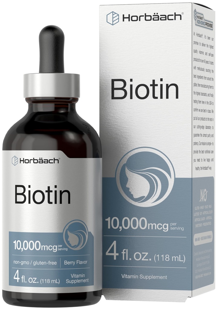 Horbäach Biotin Liquid Drops 10000mcg Yep 124; 4 fl oz Yep 124; Berry Flavor 124; Vegetar, Non- GMO & Gluten Free Supplement